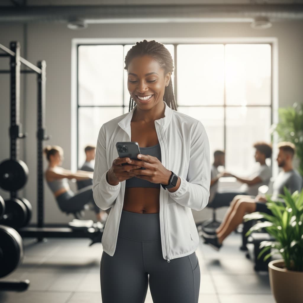 Coach checking client check-ins on her phone