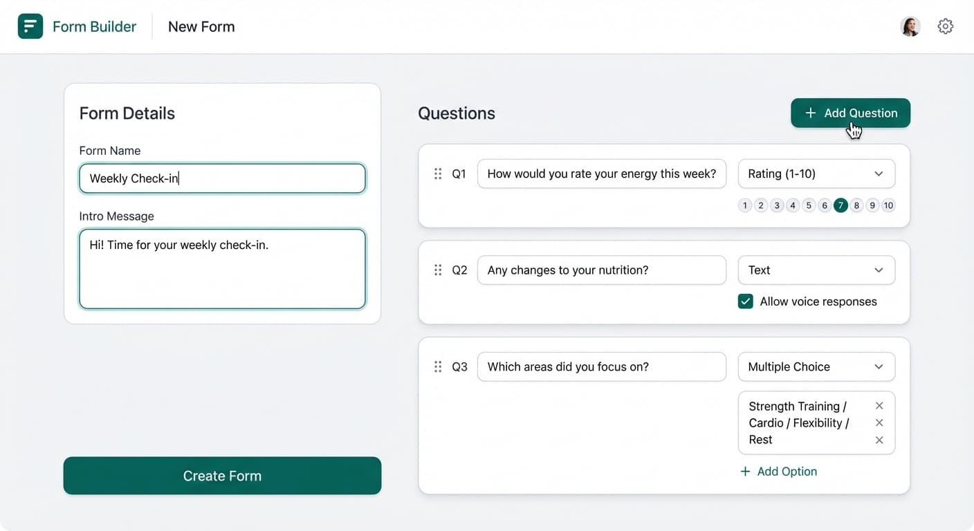 NudgeCheck form builder — create check-in forms with ratings, text, and voice questions
